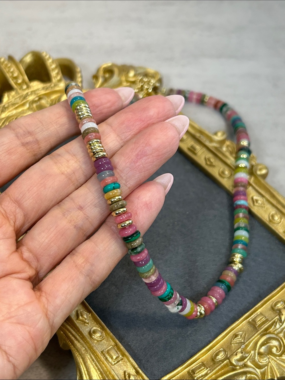 Multicolor Stone Bead Necklace with Gold Accents - Picture 5 of 6